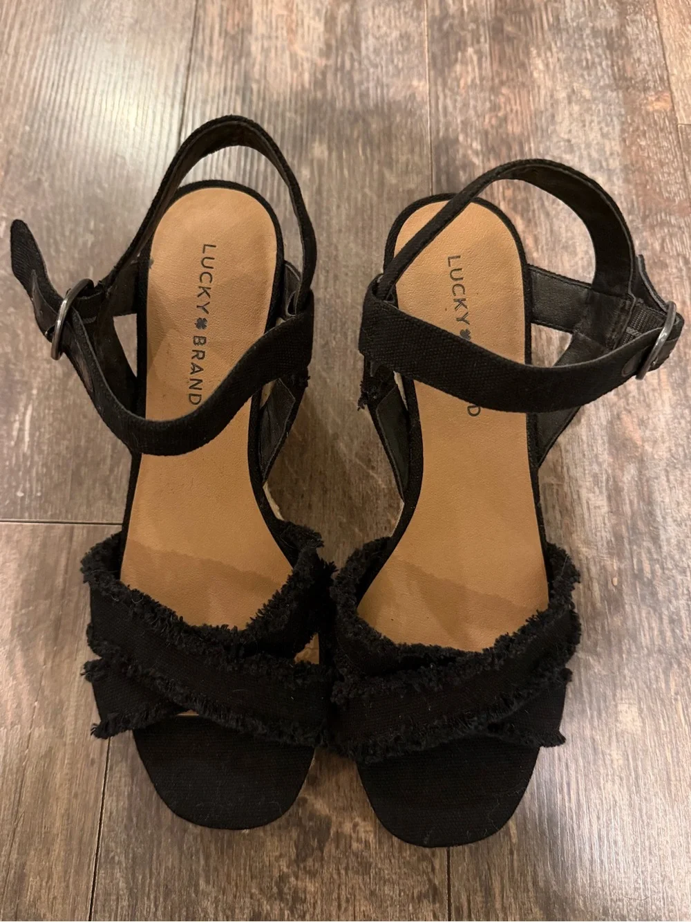 Lucky Brand Black Frayed Strap Block Heel Sandals